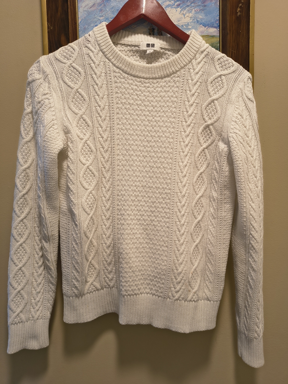 Uniqlo Women's White Cable-Knit Crewneck Sweater
